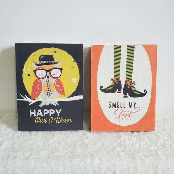 Halloween Wall Table Box Decor Smell My Feet Witch Happy Owl O Ween 2 Pc Set - Picture 1 of 15